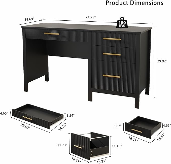 Modern Executive Desk with Drawers: 54 Black Computer Desk with File Drawer Wood Writing Desk with Storage Fluted Home Office Desks for Living Room