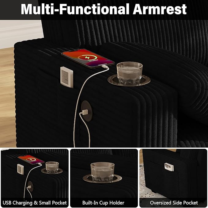 OUYESSIR 80 Loveseat Sofa for Living RoomModern Sofa with USB Charging Ports &amp Cup HoldersComfy Corduroy Couch with Upholstered Cushion3 Seater Deep Seat Couch for Small SpaceBedroom Black