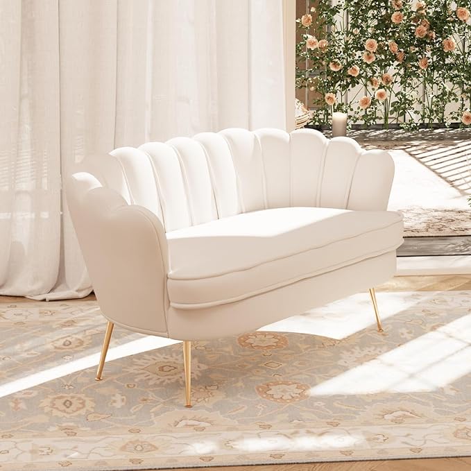 59'' Loveseat Sofa Modern Chenille 2-Seater Sofa with Golden Legs Comfy Upholstered Shell Accent Couch for Studio Living Room Store Office (Beige).