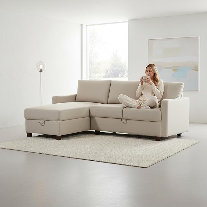 Sectional Sofa with Storage – Modern Upholstered Living Room Couch Reversible Chaise for Home Apartment Office 81.9” L Beige