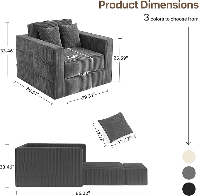 Claiks Convertible Sofa Bed2 in1 Folding Sofa BedArmchair Sleeper Sofa Boneless Corduroy Couch with 2 Pillows Pillows for Living Room BedroomDark Grey
