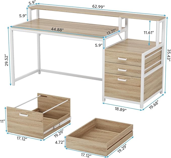 55 L Shaped Office Desk with Drawers &amp Storage Reversible Executive Office Desk with 4 Shelves Large Corner Computer Desk with Elevated Monitor Stand for Home Office Gaming (Natural + White)