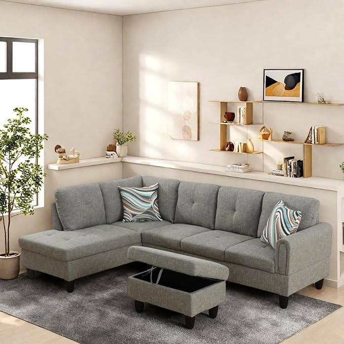 FONTOI L Shaped Sectional Couches Lounge Modular Sectional Sofa for Living Room Bedroom Furniture Comfortable 4 Seat Couch with Ottoman Storage &amp Chaise Grey