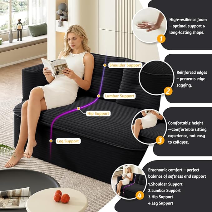 78.7 Floor Foam Sleeper Sofa Bed Folding Futon Couch Bed Corduroy Compression Loveseat Sofa Foldable Full Size Couch with 2 Pillows for Living Room Bedroom Apartment Black