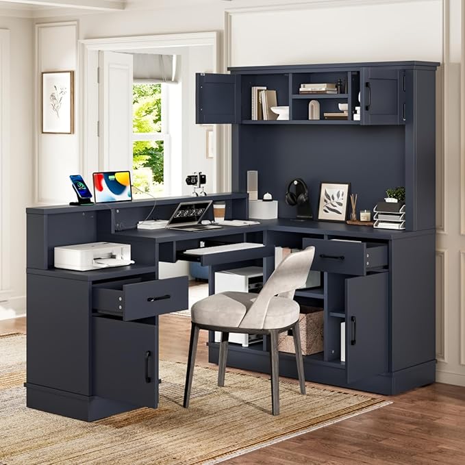 L-Shaped Home Office Desk with Storage Drawers Shelves and Cabinet Study Table Gaming Computer Desk with Keyboard Tray for Apartroom Living Room Blue