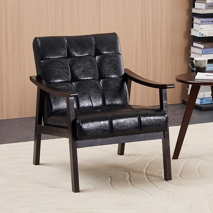 Furniliving Upholstered PU Leather Accent Chair Living Room Tufted Arm Chair with Solid Wood Frame Wingback Lounge Armchairs for Bedroom Reading Room Indoor &amp Outdoor Retro Black