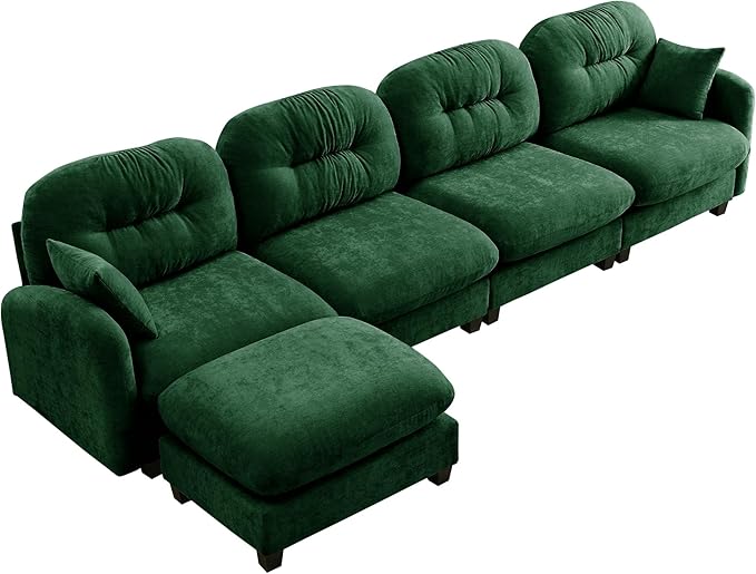 140 L Shaped CouchModular Sectional Sofa 4-Seater Comfy Cloud Couch with Movable Ottoman Chenille Deep Seat for Living Room Office (Green)