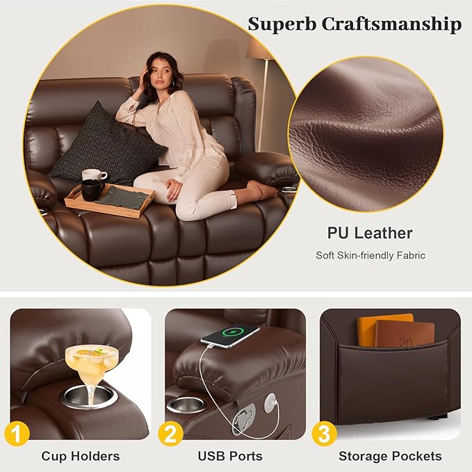 Loveseat Recliner Sofa PU Leather Reclining Loveseat with USB Charge Ports Cup Holders 2 Seater Manual Pull Tab Recliner Loveseat Couches for Living Room Brown