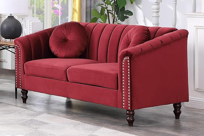 Chesterfield Loveseat Couch 60 Inch Luxurious Velvet Modern Love Seat Chesterfield Settee Sofa Upholstered Rolled Arm with Rivets/2 Button Tufted Pillow 2 Seater Sofa for Living RoomRed