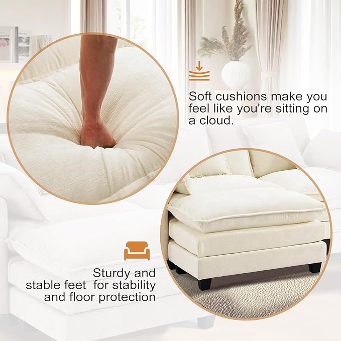 Furniliving 46‘’ Oversized Chair with Ottoman Luxury Chenille Single Sofa Upholstered Deep Seat Chaise Lounge with Pillows for Living Room Bedroom Apartment Beige