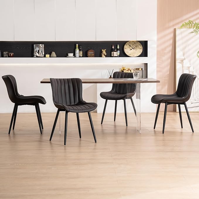 YOUNUOKE Dining Chairs Set of 2 Upholstered Mid Century Modern Kitchen Chair Comfortable Armless Faux Leather Accent Chair with Metal Legs for Guest Waiting Reception Living Room Dark Brown