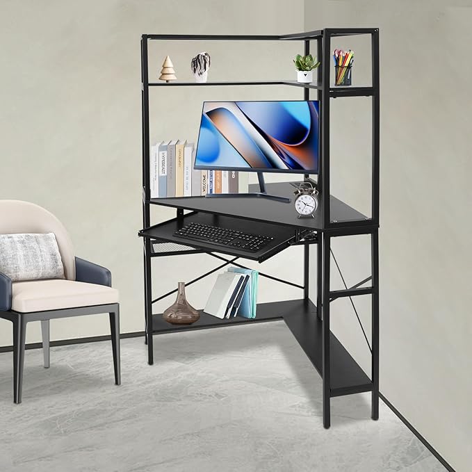 Corner Desk with Hutch 90 Degrees Triangle Computer Desk w/Keyboard Tray &amp Bookshelves for Small Space Space Saving Writing Desk w/Storage Shelves for Bedroom Apartment (Black)