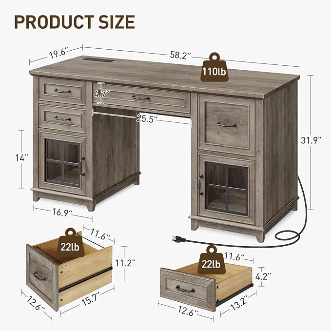 58 Farmhouse Executive Desk Farmhouse Computer Desk with Drawers &amp File Cabinet Wooden Home Office Desk with Power Outlet &amp LED Light Workspace for Study Writing Greige