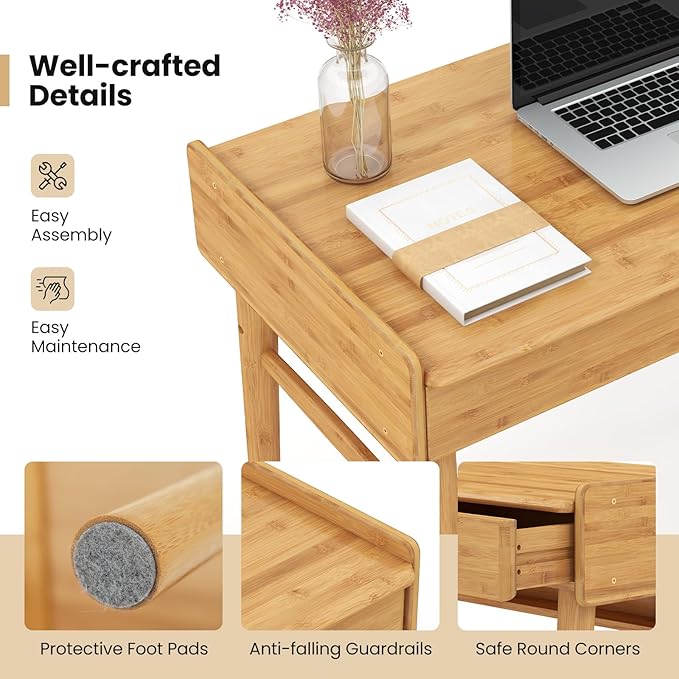 Giantex Computer Desk 39.5 Bamboo Home Office Desk with 2 Storage Drawers and Open Shelf Makeup Table Vanity Desk Modern Writing Desk Computer Workstation for Bedroom Study Natural