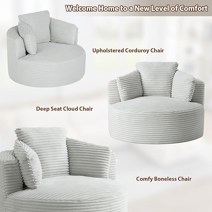 Round Chair Lounge Chaise Indoor 48.8 Oversized Sofa Chair Upholstered Corduroy Deep Seat Sleeper Sofa Bed No Assembly Required for Living Room Bedroom Apartment Light Grey