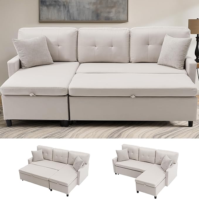 Sleeper Sofa Couch Oversized Pull Out Couch Bed with Storage Chaise Sectional Sleeper Sofa Bed for Living Room (Beige Single)