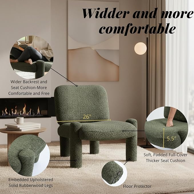HNY Modern Accent Living Room Chairs Set of 2 Green Boucle Reading Chair Armless Lounge Chair Comfy Barrel Chair Sherpa Cloud Chair with Wood Frame for Living Room Small Spaces Bedroom Apartment