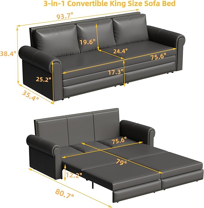 healthomse 93.7 King Size Pull Out Sofa Bed 3-in-1 Faux Leather Convertible Sleeper Sofa with Ultra Rolled Armrests Tufted Modern Sofa with 3 Pillows for Bedroom Living Room Apartment