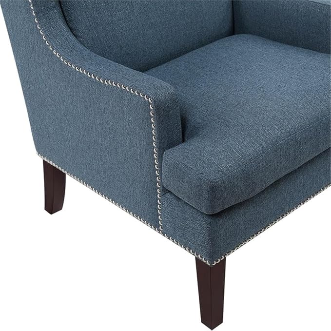 Pemberly Row Contemporary Wingback Accent Chair Blue Textured Fabric Upholstery Nailhead Trim High Backrest Cushioned Seat Sturdy Wooden Legs Stylish Living Room or Office Decor