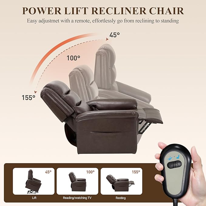 COLAMY PU Leather Power Lift Chair with Massage and HeatElectric Lift Recliner Chair with Thick Cushioned Padding Backrest for Living Room Office Bedroom （Darkbrown）