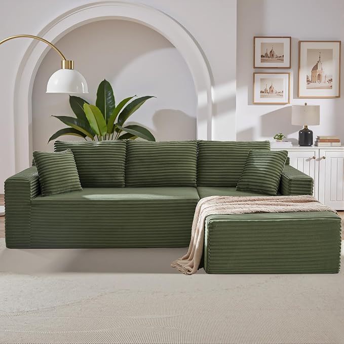 105 Inch Cloud Sectional CouchModern Modular Sectional Sofa with Deep SeatCorduroy Boneless Couches with L-Shape Chaise for Living Room BedroomNo Assembly Required (Green Right Facing Chaise)