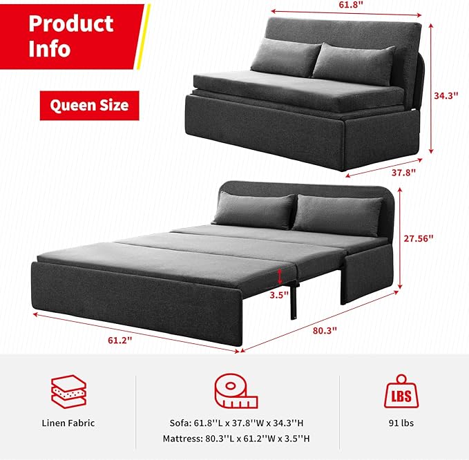PUREMIND Queen Size Pull Out Sofa Bed Linen Convertible Sleeper Sofa with Foldable Mattress Loveseat Pullout Couch Bed with 2 Cushion for Small Place Apartment Office - Dark Gray