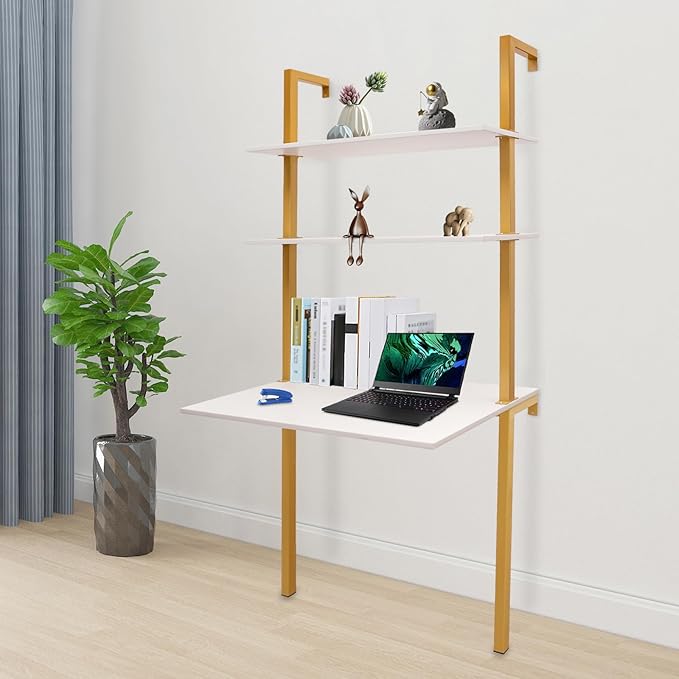 2-Shelf Industrial Wall Mount LadderWall Mount Computer or Writing Desk Computer Laptop Desk with Shelves Wall Table Floating Desk with Storage for Home Office Gold (20 Dx30 Wx72.8 H)