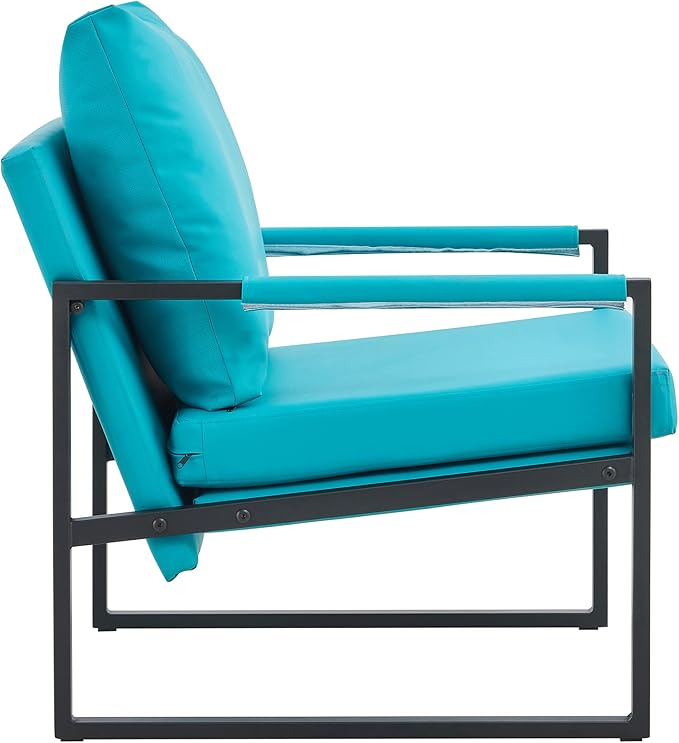 PU Leather Accent Arm Chair Mid Century Modern Upholstered Armchair with Metal Frame Extra-Thick Padded Backrest and Seat Cushion Sofa Chairs for Living Room (Cyan PU Leather + Metal + Foam)