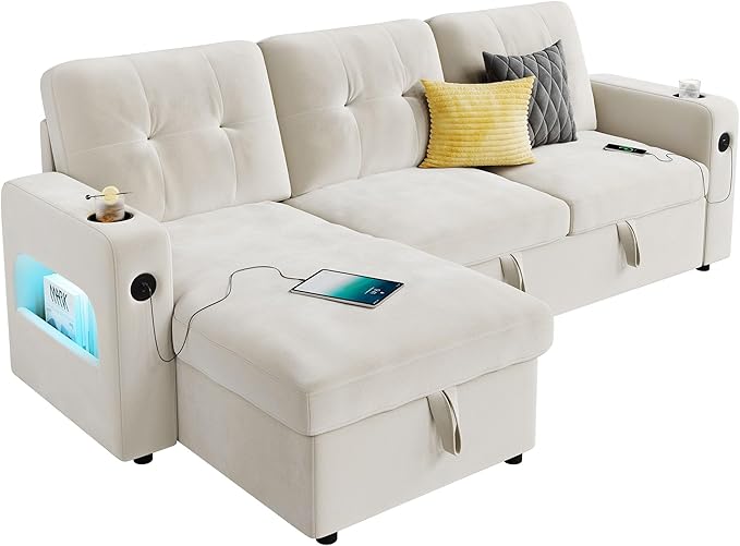 GarveeHome 84 Inch Sleeper Sofa Couch L-Shaped Couches Convertible Pull Out Sofa Bed with Storage Charging Station Led Lights Modern Sectional Sofas for Living Room Apartment Velvet Beige