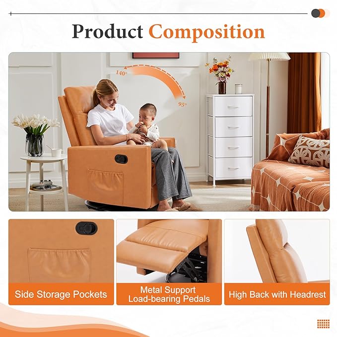 Sweetcrispy Recliner Chair 360 Swivel Rocker Chair for Adults Glider Rocker Recliners Nursery Chairs for Living Room High Back Upholstered Deep Seat Classical Brown
