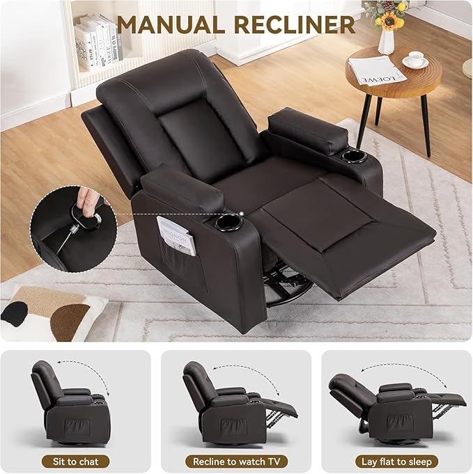 COMHOMA Recliner Chair Swivel Rocker Recliners Reclining Sofa with Side Pockets Cup Holders for Living Room Bedroom (Brown)