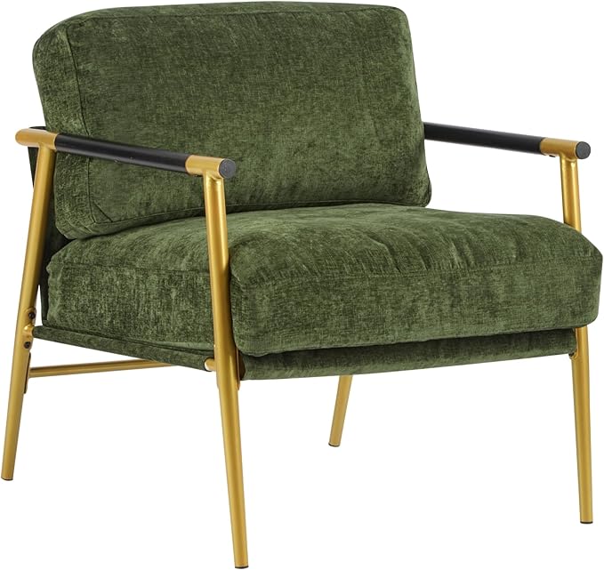 Modern Accent Chair Lounge Arm Chair Upholstered Armchair with Plush Cushions Single Chairs with Metal FrameWooden Armrest - Perfect for OfficeLiving RoomBedroomGold+Green