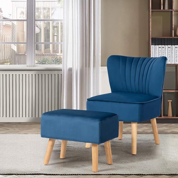 Giantex Velvet Accent Chair with Ottoman Modern Tufted Upholstered Chair with Footrest Firm Wood Legs Leisure Single Club Chair Set for Living Reading Room Bedroom (Blue)