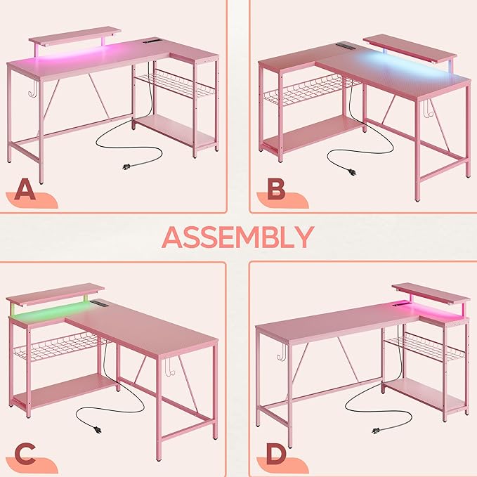 Bestier 52 Gaming Desk with Integrated Power Outlet &amp USB Ports L-Shaped Computer Desk with LED Strip &amp Headphone Hooks Perfect for Home Office Pink