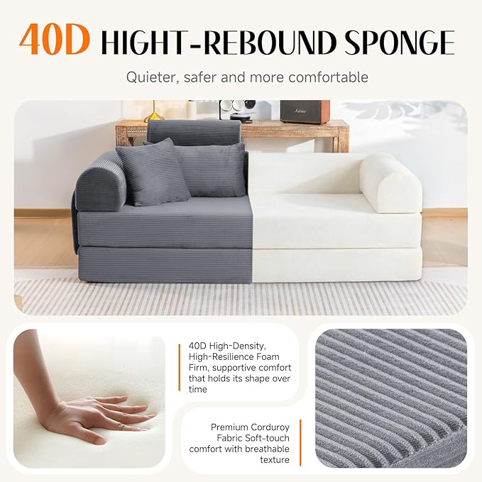 79 Corduroy Sofa Bed Sleeper Couch 6-in-1 Convertible Boneless Floor Futon Loveseat High-Density Foam Couch in a Box with 2 Headrest Pillows No Assembly Dark Grey