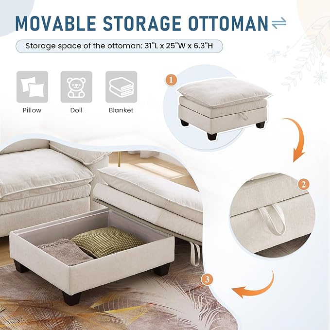 Oversized Chair with Ottoman Cloud Chenille Fabric Comfy Chaise Lounge Sofa Accent Arm Single Chair Indoor with Padded Armrest for Living Room Bedroom Office Storage Ottoman Beige