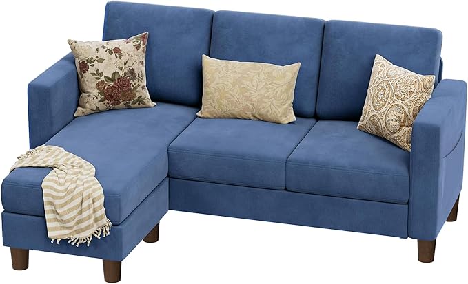 VICTONE Convertible Sectional Sofa Couch 3 Seat L-Shaped Sofa with Linen Fabric Ottoman Small Couch for Small Apartments Living Room and Office (Linen Fabric Blue)