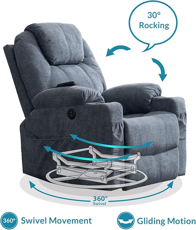 Manual Swivel Glider Rocker Recliner Chair with Massage and Heat 2 USB Ports 2 Cup Holders 2 Side Pockets and 2 Front Pockets Fabric (Grey-Blue)