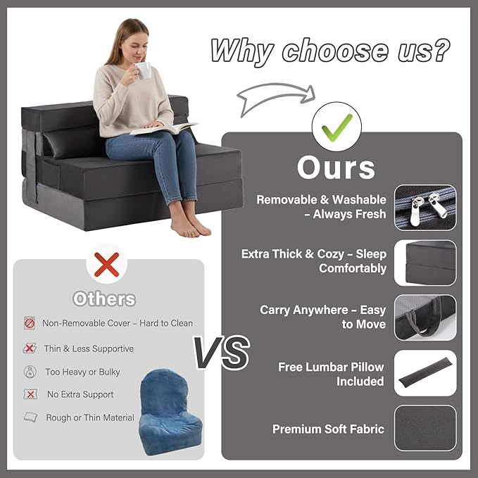 Tiita Folding Sofa Bed Couch Twin Size Foldable Futon Chair with Pillow Folding Sleeper Sofa Chair Bed Floor Mattress for Guest Room Living Room Dark Grey