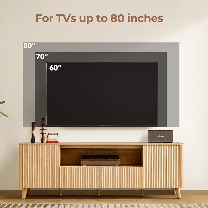 CHITA TV Stands for Living Room Mid Century Modern TV Stand for 80 inch TV with Storage Drawers Adjustable Shelves Oak