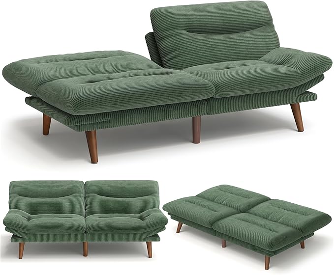 Amada 75 Convertible Futon Sofa Bed Corduroy Folding Futon Set with Adjustable Backrest &ampArmrests Recliner Lounge for Living Room Apartment or Office Solid Wood Frame Loveseat Sofa -Forest G