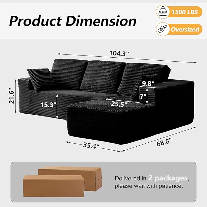 104” Boneless Couches for Living Room Modular Cloud Sectional Sofa with Chaise Deep Seat Upholstered No Assembly Required(Black L Shape with Right FacingChaise)