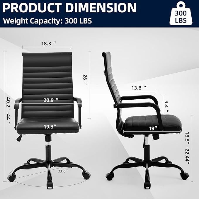 Office Chair Ergonomic Executive Conference Room Chairs Ribbed Leather Desk Chair with Lumbar Support Adjustable Height Mid-Back Swivel Chair with Padded Seat and Square Tube Armrests
