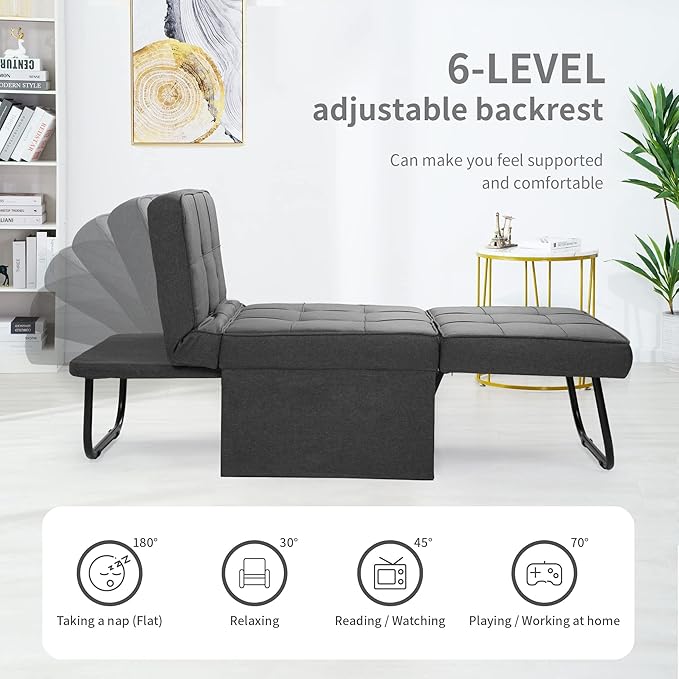 BIGSYY Sofa Bed Set of 4 in 1 Multi-Function Folding Ottoman Breathable Linen Couch Bed with Adjustable Backrest Modern Convertible Chair for Living Room Apartment Office Dark Grey