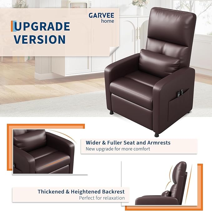 Power Recliner Chair Adjustable Electric Recliner Chair with Tall Back &amp Overstuffed Padding PU Leather Single Sofa with 2 Side Pockets &amp USB Port Home Theater Seating for Living Room Brow
