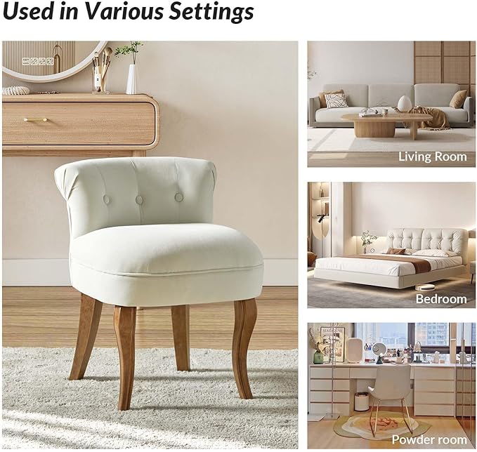 HULALA HOME Velvet Vanity Stool with Low Back Modern Vanity Chair with Solid Wood Legs Small Upholstered Makeup Chair Home Decor for Bedroom Living Room Dressing Table Women Girls Ivory