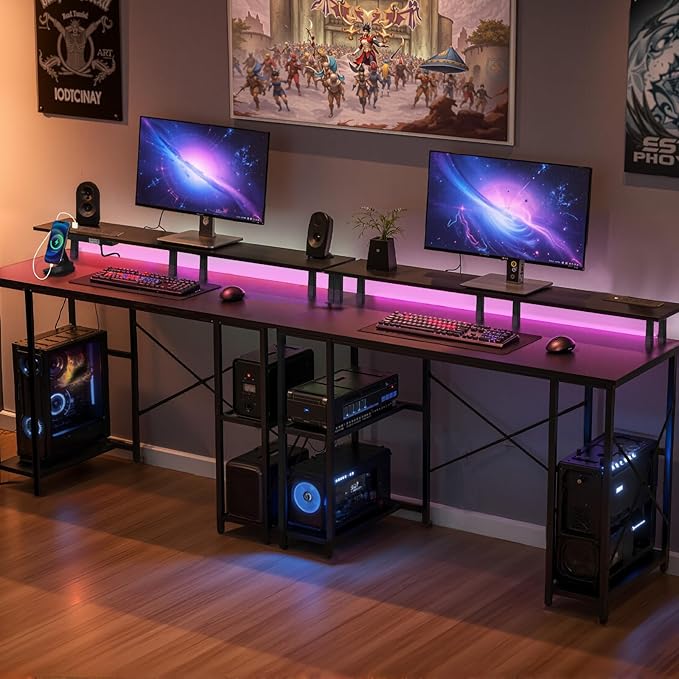 VEVOR 47 Gaming Desk with LED Lights &amp Power Outlets Computer Desk with Monitor Stand &amp 2-Tier Storage Sheves Study Work for Home Office Black