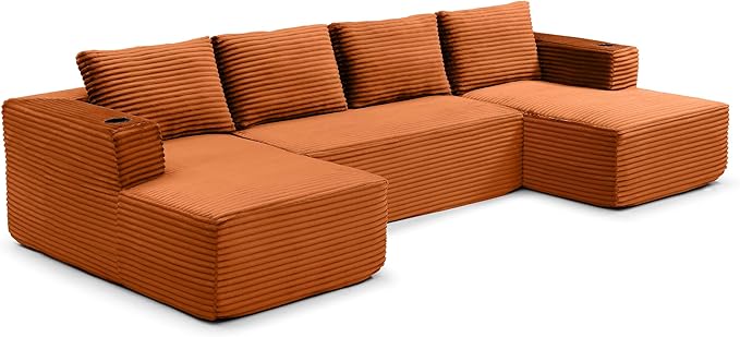 132” Oversized Modular Sectional Sofa Modern Comfy Corduroy U Shaped Couch with Cup Holders Boneless Compressed Memory Foam Cloud Couch for Living Room Office No Assembly Requiredm Orange