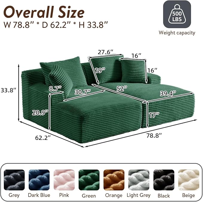 Oversized Double Chaise Lounge Chair IndoorWide Corduroy Boneless Chaise Lounges Sofa Comfy Upholstered Sectional Cloud Couch No Assembly Required Loveseat Sleeper Chair Bed for Living Room(Green)