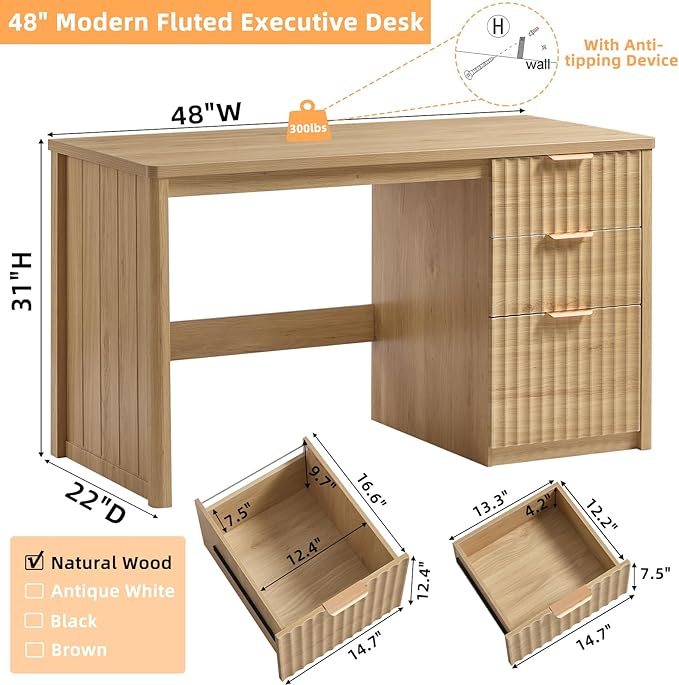LEYAOYAO Office Desk 48 with 3 Drawers Storage File Cabinet Wood Fluted Desk for Computer Office Bedroom Home Furniture Natural